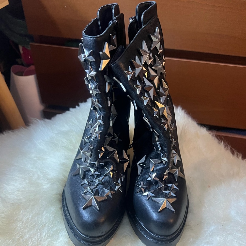 Jeffrey Campbell Black Leather Star-Studded Heeled Boots